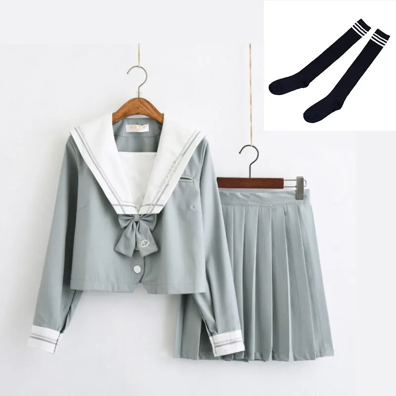 Long Set A and Socks Темные Ангелы, японская школьная форма Jk для девочек, с вышивкой, короткий рукав, для средней школы, для женщин, новинка, Матросская форма, косплей, XXL - Цвет: Long Set A and Socks