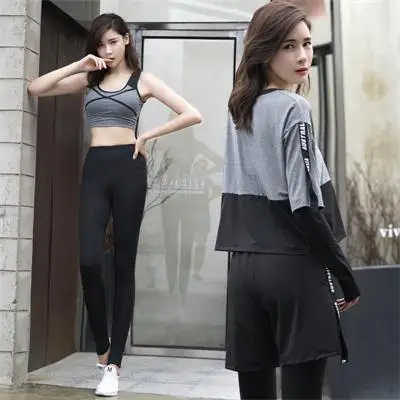 gray Спортивная одежда размера плюс, Женский комплект для йоги, костюм для бега, бюстгальтер с рукавами, рубашка, короткие штаны, для фитнеса, дышащий, 5 в 1, комплект, одежда для спортзала - Цвет: gray