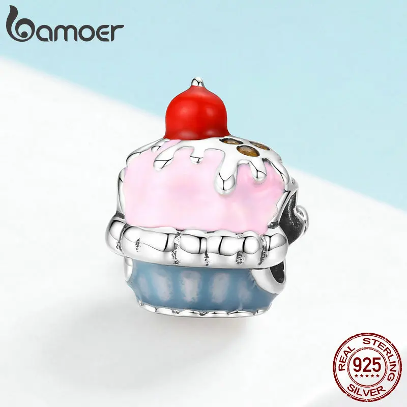 BAMOER подлинные 925 пробы Серебристые розовые эмалированные чашки для торта Подвески бусины подходят для серебряных браслетов ювелирные изделия подарок на день Святого Валентина SCC1084