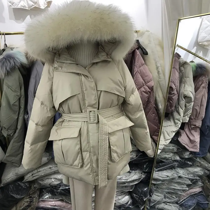 beige with real fur S-XL, плюс размер, Новое поступление, большой натуральный меховой воротник, с капюшоном, белый утиный пух, пальто для женщин, зима, большой карман, толстый, длинный, теплый пуховик - Цвет: beige with real fur