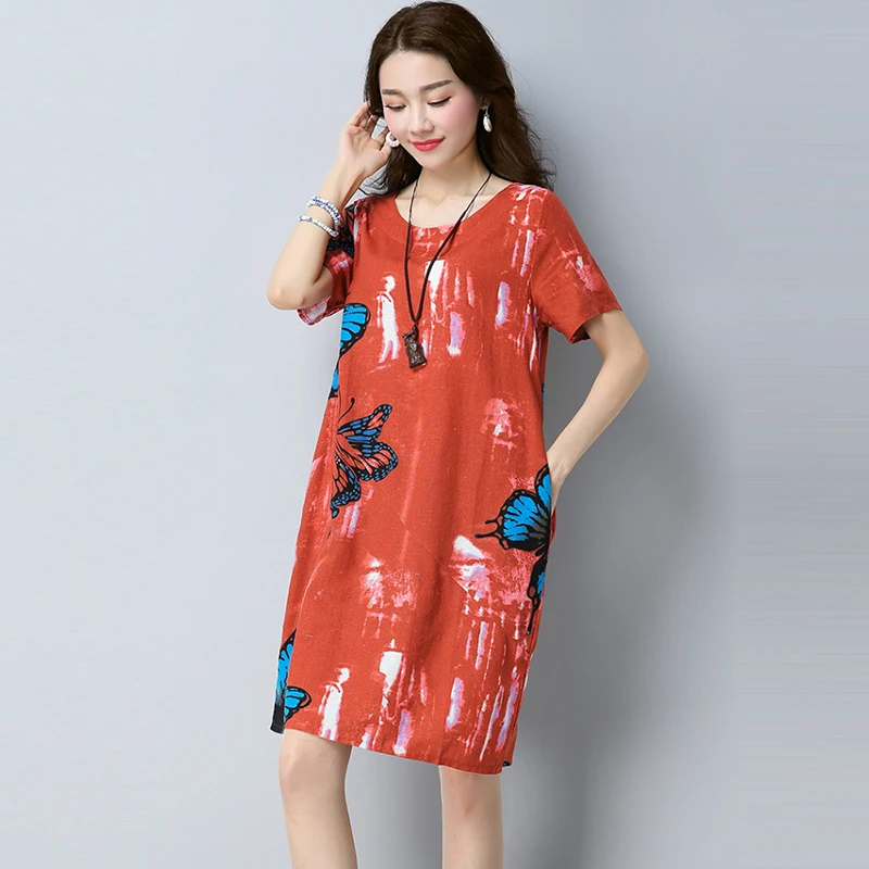 

Ethnic Wind Cotton Linen Dress Vintage Floral Print O-neck Short Sleeve Pockets Vestidos Female Casual Loose A-Line Dress RE0563