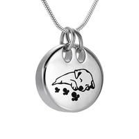 round shape sleeping dog with paw print urn pendant necklace cremation keepsake stainless steel jewelry for ashes holder