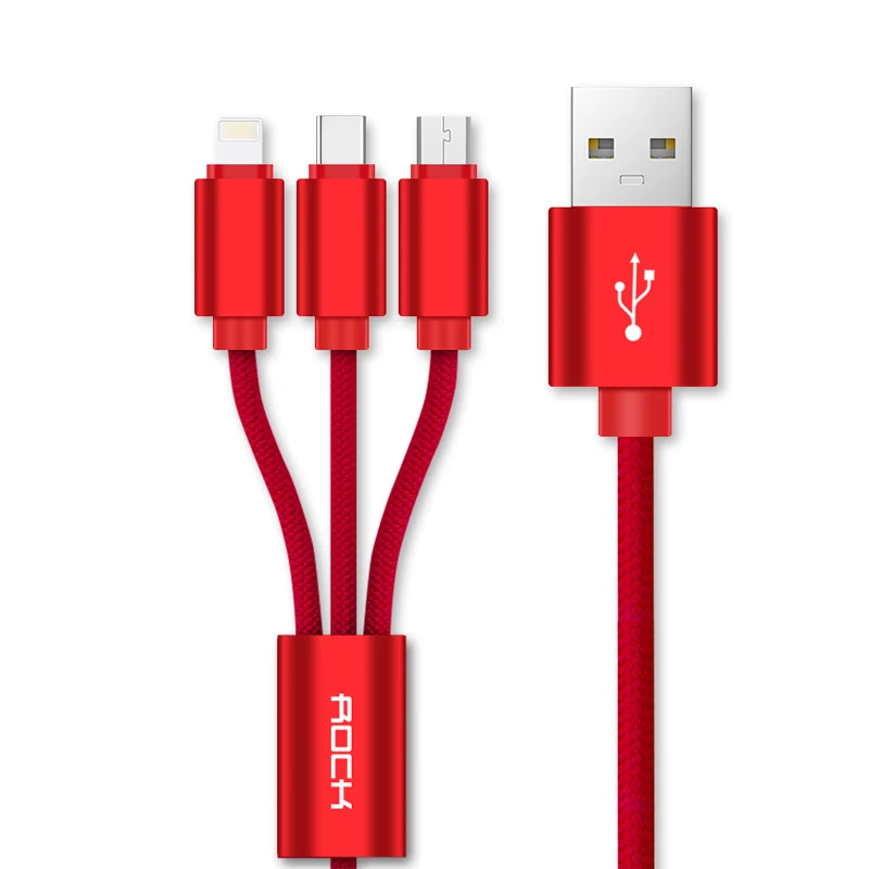 ROCK 3 в 1 USB кабель для iPhone/Micro/type C, многофункциональный зарядный кабель - Цвет: Red
