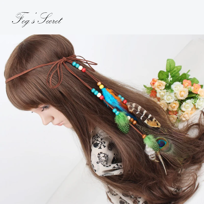 Женская ободок для волос этнического стиля с деревянными бусинами и перьями, аксессуары для волос.