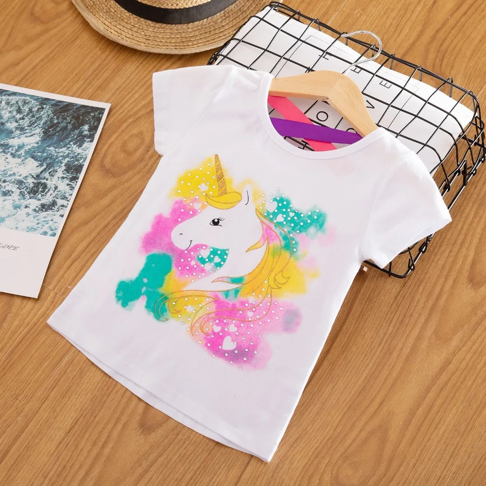 

2019 girls new short-sleeved T-shirt summer children's clothing unicorn pattern cotton children's clothes wild dress shorts tops