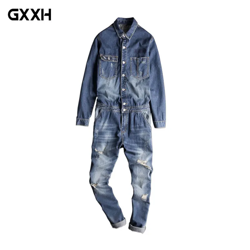 

Autumn tide Men's Conjoined Denim jacket set Japanese Retro Motorcycle Tooling jumpsuit Slim Korean Hip Hop 0veralls Size XXL