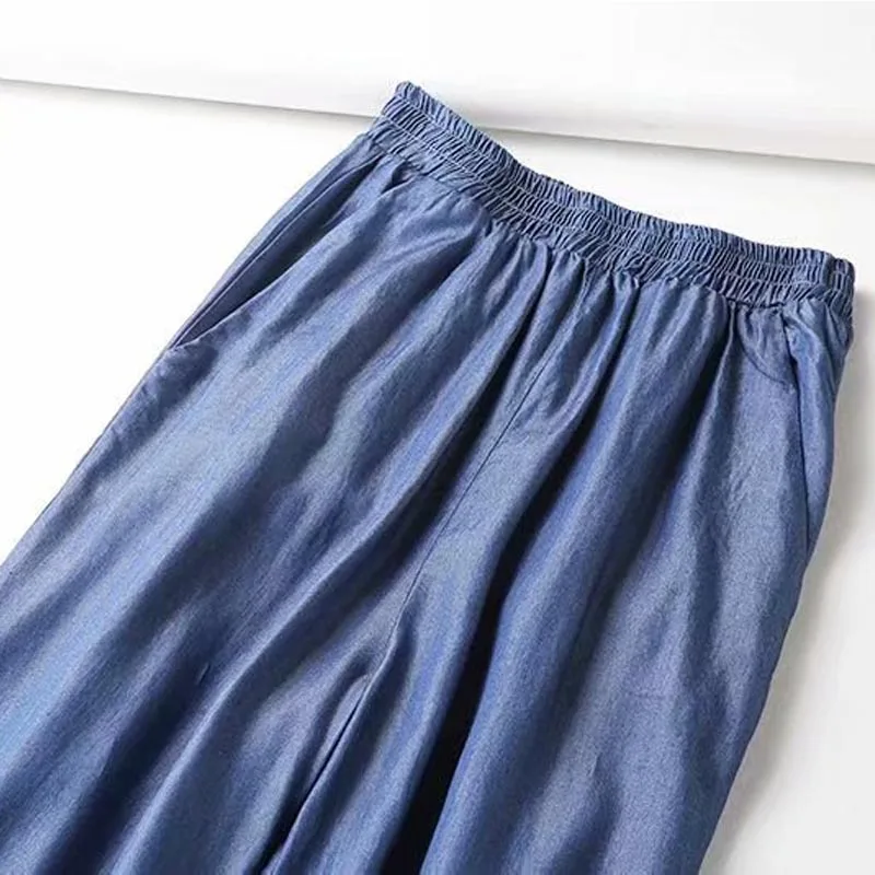 KZ497 Women Brief Elastic Waist Sashes Deco Solid Color Soft Denim Pants Culf Slim Jeans Trousers | Женская одежда