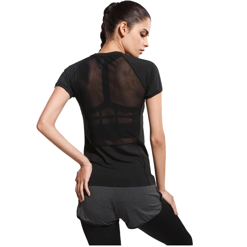 

2019 Summer New Sports Short-Sleeved Fitness Stretch Yoga Short-Sleeved Stitching Mesh Sleeves Slim Round Neck T-Shirt Female