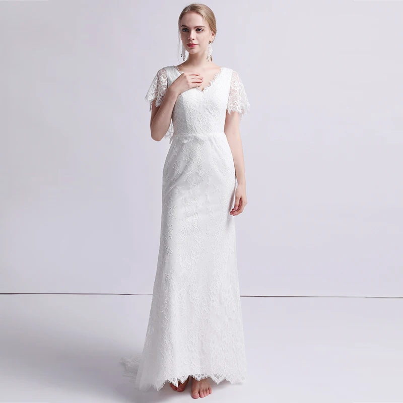 Простые кружевные платья с v образным вырезом Украшенные бусинами Vestidos De Boda