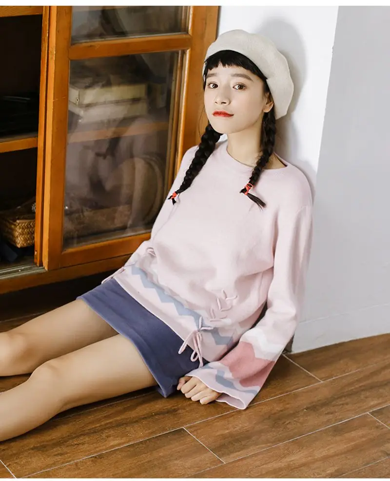 women fashion korea wave striped sweater girls flare sleeve o neck lace up warm knitted school pullover 2018 autumn winter sw140 | Женская