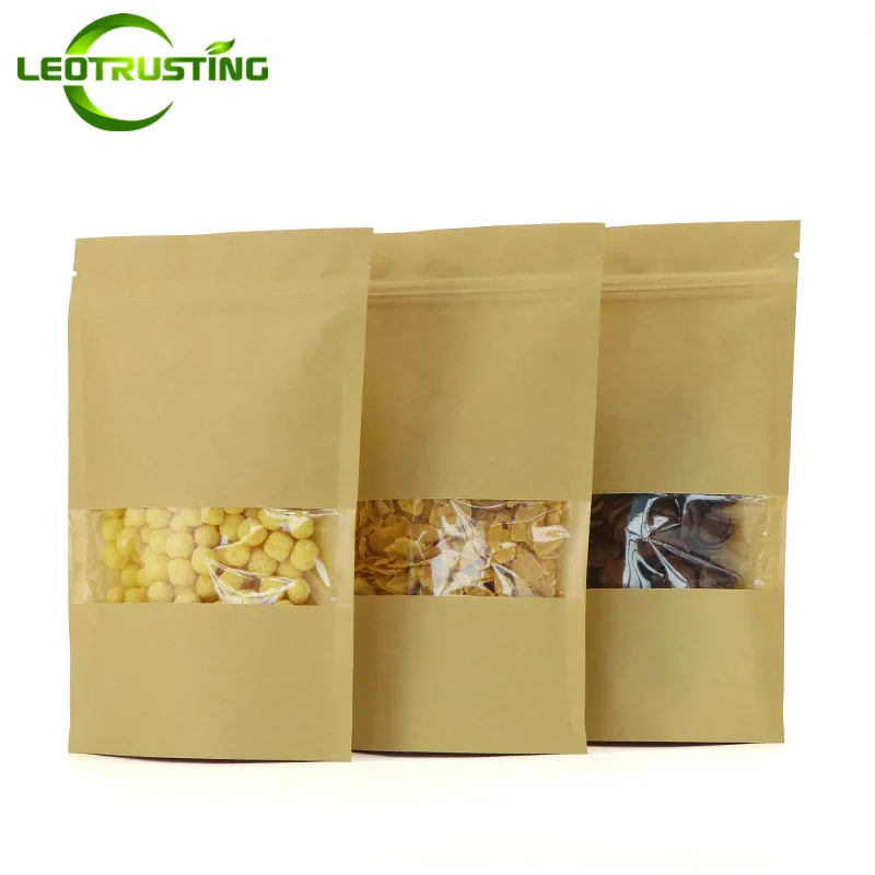 

100pcs Stand up Kraft Paper High Clear Window Zipper Bag Reclosable Coffee Beans Spice Seeds Beaf Gifts Heat Sealing Pouches