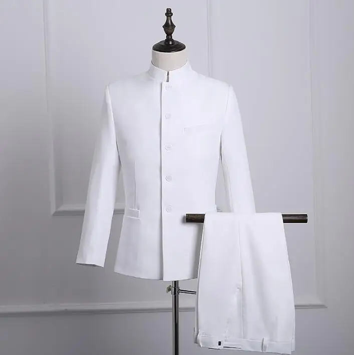 

White 2020 new arrival slim hinese tunic suit men suit set with pants mens wedding suits formal dress men's groom suit + pant
