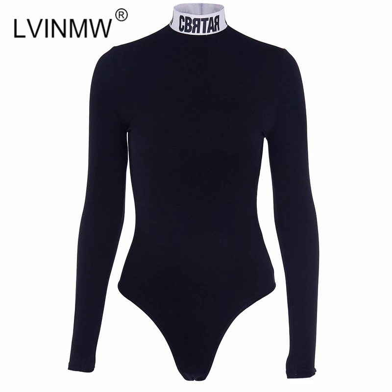

LVINMW High Neck Letter Printed Women Bodysuits Fashion 2018 Autumn Winter Long Sleeve Skinny Playsuits Sexy Bodycon Overalls