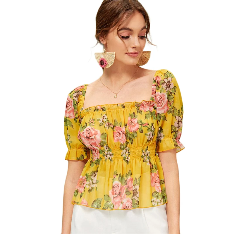 SHEIN женский топ с цветочным принтом и оборкой, с баской, летние, расклешенные, гофрированные блузки, Boho Ginger Ruffle Hem, Женские топы и блузки