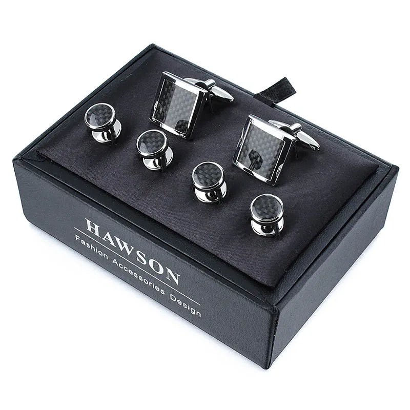 HAWSON Carbon Fiber Cufflinks and Studs for Men Fashion Gentlemen's Tuxedo Shirt Jewelry Cuff Buttons in Presentation Gift Box