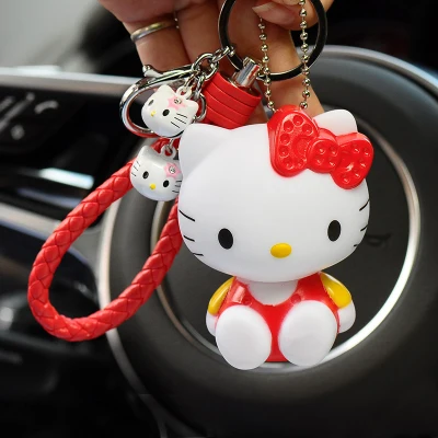 Милый мультяшный брелок hello kitty из кроличьего меха с помпонами, помпонами, брелок для женщин с кожаным ремешком, металлическое кольцо для ключей, цепочка для автомобильных сумок, брелок D35A - Цвет: 1