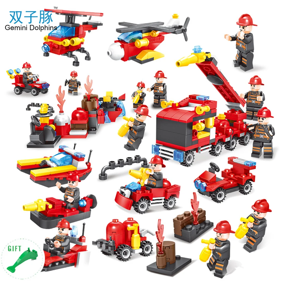 8 in 1 Fire Truck Helicopter Firefighter Building Blocks Compatible Legoed City Fireman Action Figures Enlighten Bricks For Kids | Игрушки и
