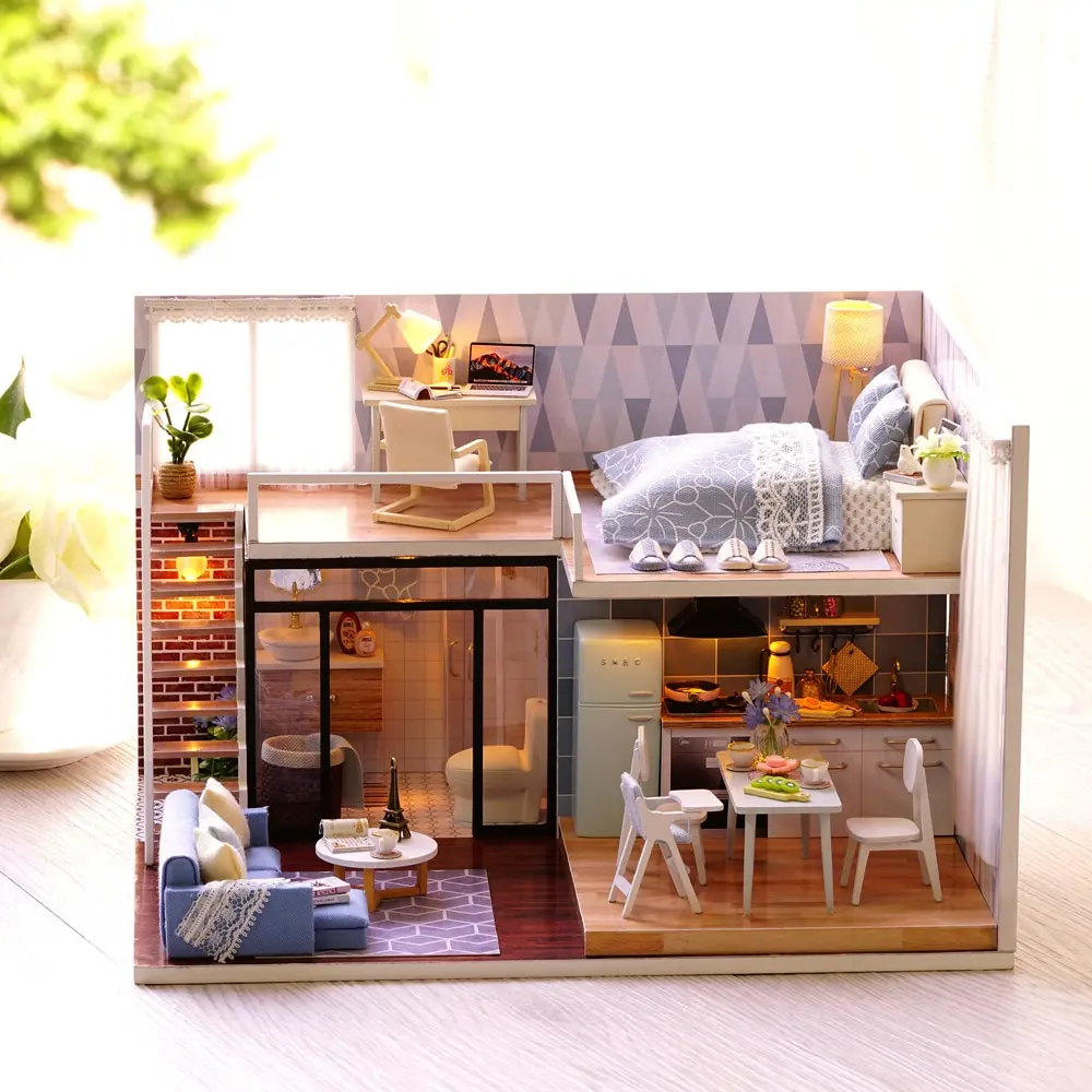 DIY Миниатюрный Лофт кукольный домик мини 3D деревянный дом миниатюрная мебель