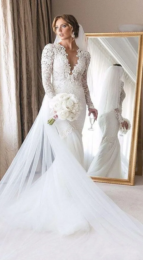 

Elegant Lace Long Sleeve Mermaid Wedding Dress robe de mariee Sexy Deep V Appliques Beading Tulle Vestido De Noiva