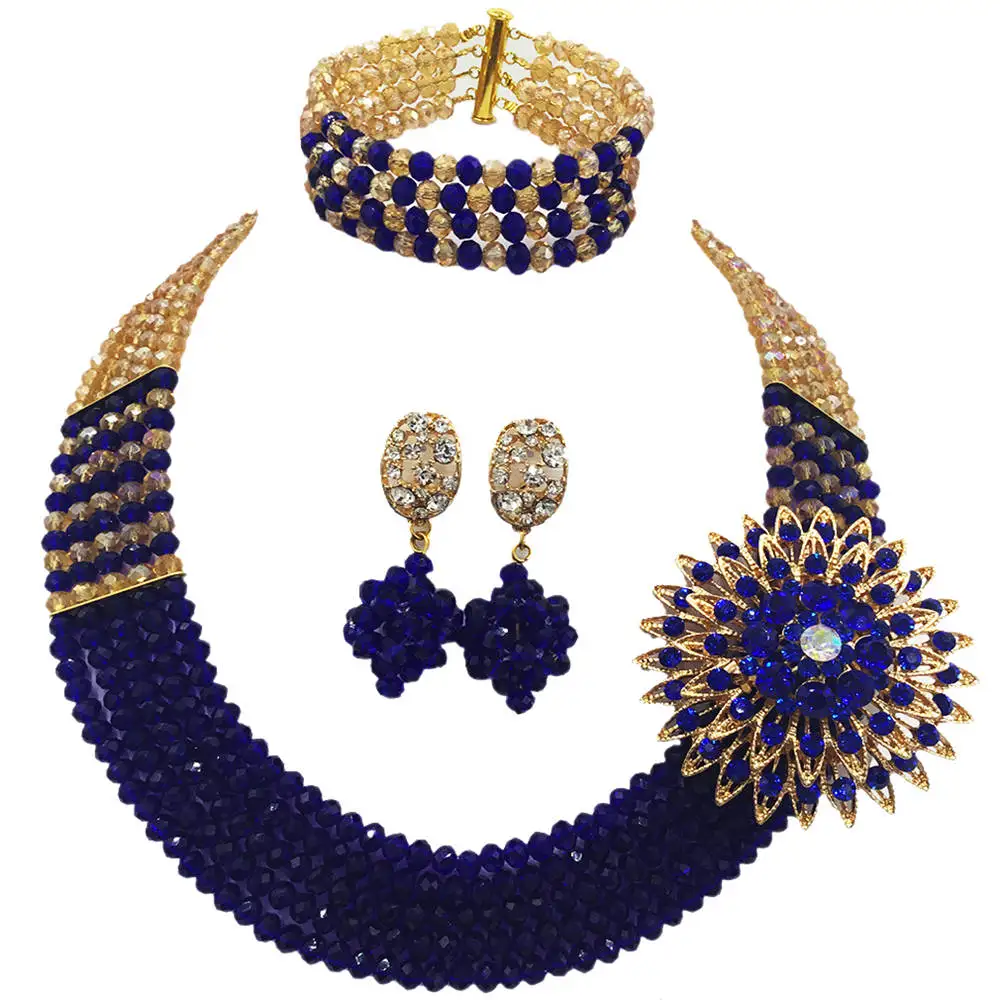 Модное Золотое AB Королевское синее хрустальное ожерелье из бисера нигерийские
