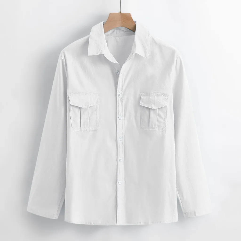 Men Shirt Fashion Linen Shirt Men Casual Slim Linen Solid Long Sleeve Shirt Hawaiian Beach Shirt European Size Camisa Masculina