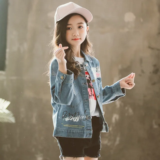 Rlyaeiz Kids Denim Girl's Jacket Coat 2019 Spring Fashion Printed Casual Water Washing Children Girls Jeans Jackets For 5-13Y | Детская