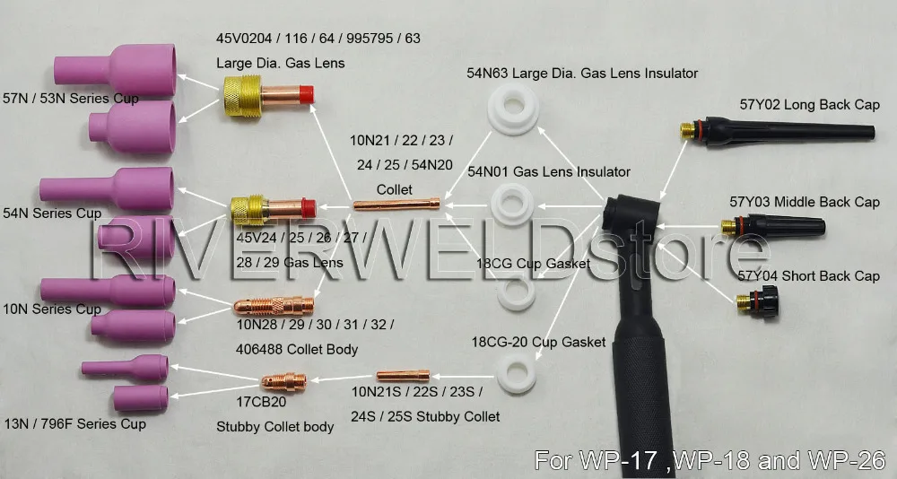 Комплект расходных материалов для горефонарь TIG PTA DB SR WP 17 18 26 14 шт.|collet body|gas lenswp |
