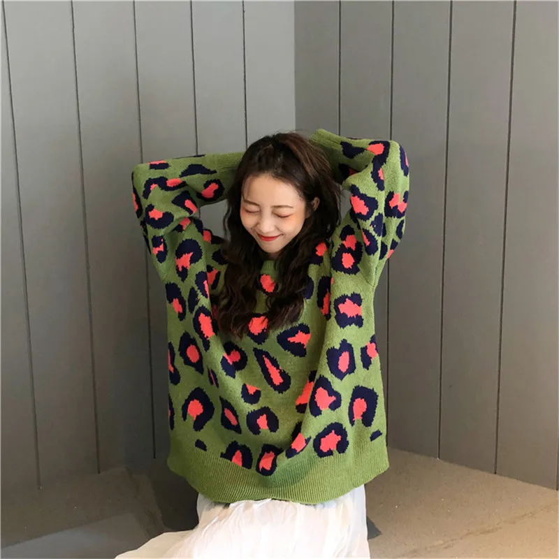 New Fashion Female Leopard Sweater 2018 Winter Runway sweater Casual O-Neck Knitted Long Sleeve Pullovers For Women Sueter Mujer | Женская