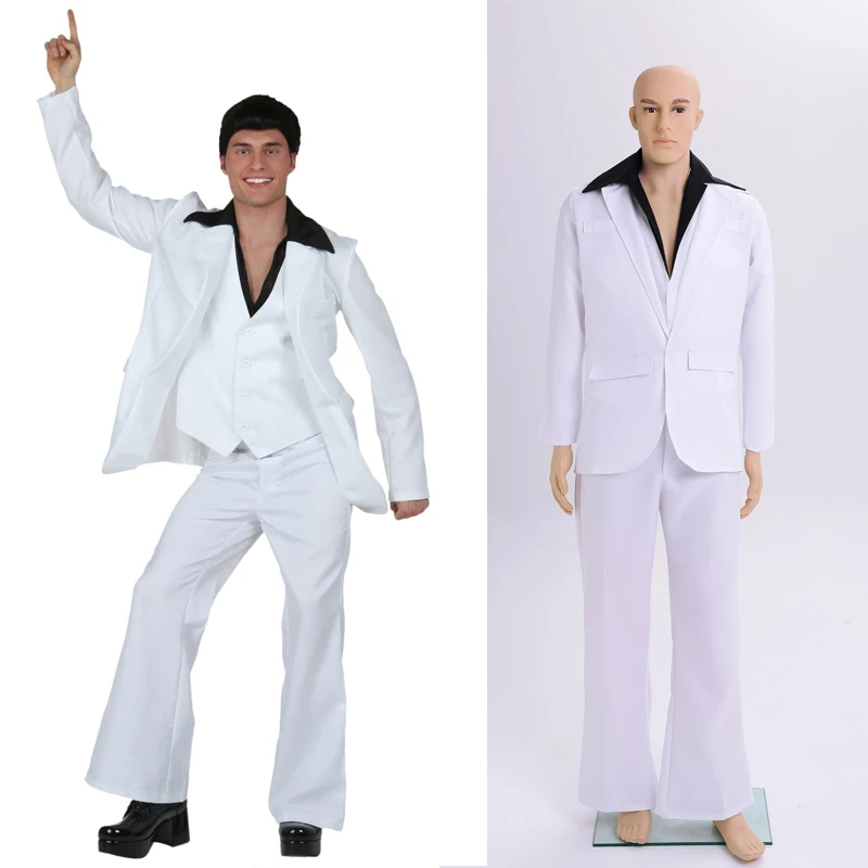

Mens Adult 70s 80s Disco Hippie White Outfit Costume Retro Fever Dancer Stagewear Fancy Dress