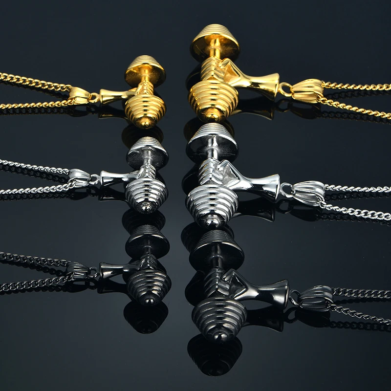 

Hip Hop Chain Fitness Dumbbell & Barbell Pendant Necklace Cool Gift for Men 3 Colors Gold Color Heavy Big Necklaces Male Jewelry