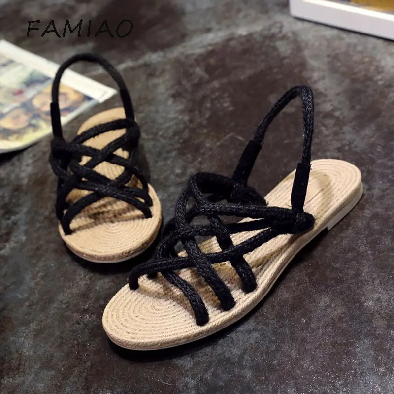 FAMIAO 2018 New Summer Women Sandals Casual Straw Rope for women Fashion Open Toe Fisherman Shoes Female flats | Обувь
