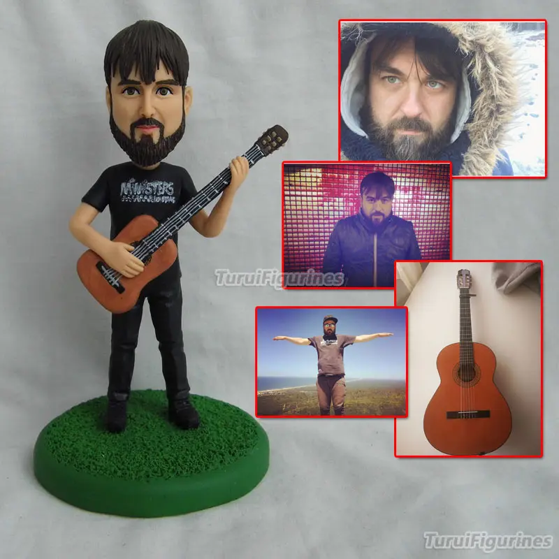 

polymer clay doll Custom guitar player miniature Bride and Groom wedding cake topper with dog plastic happy birthday cake topper