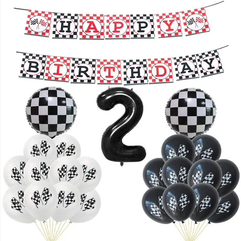Black 2 1 комплект Гоночный флаг тачки флаги с надписью Happy Birthday клетчатый белый черный автомобиль гоночная линия баннер для вечеринки в честь Дня Рождения декоративные баннеры детские игрушки - Цвет: Black 2
