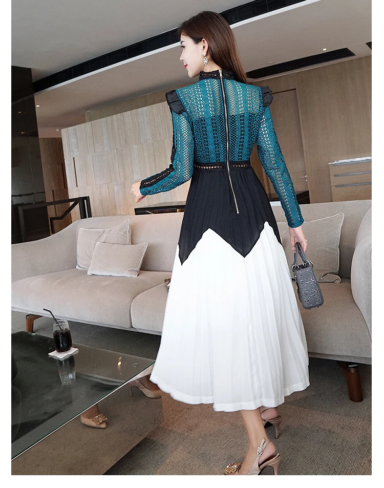 2018 Fashion Women Self Portrait Lace Patchwork Chiffon Long Sleeve Holiday Dress Autumn Brand Design Runway Party Dresses | Женская