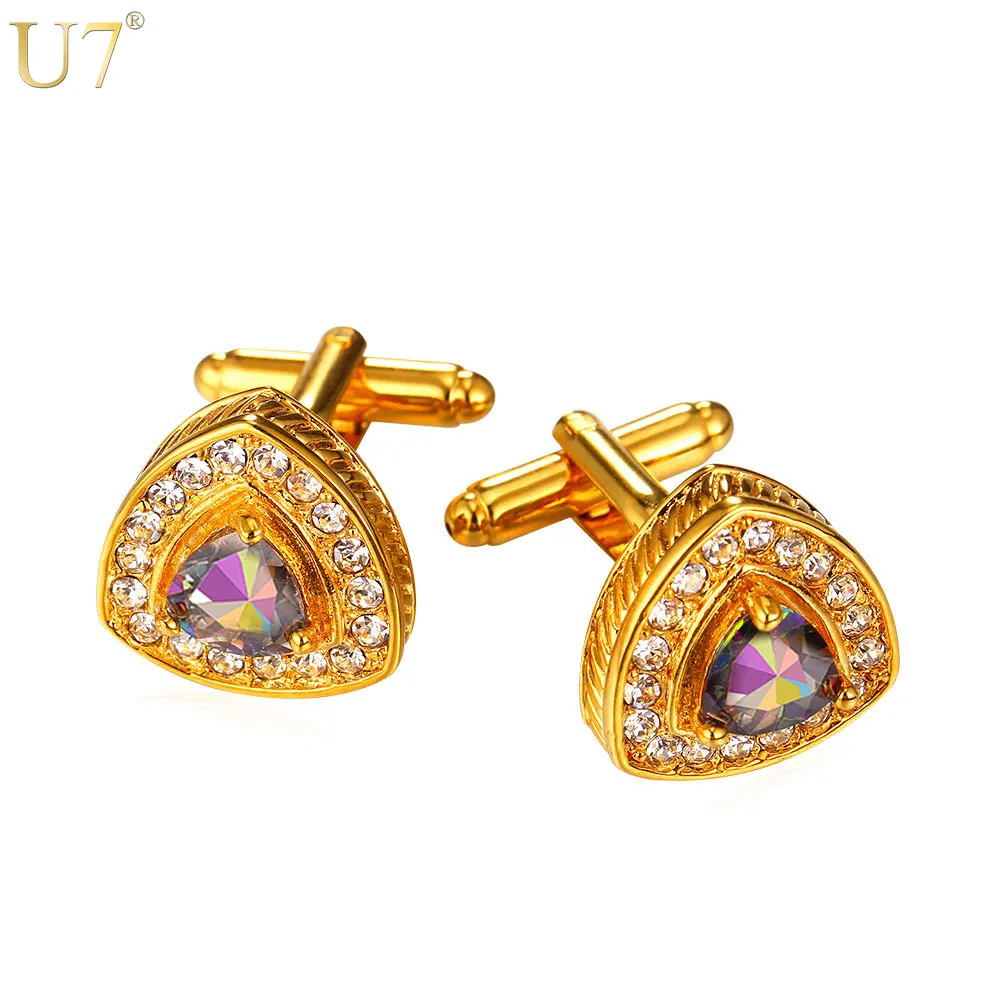 

U7 New Crystal Heart Cufflinks For Men Jewelry Trendy Suit Accessories Gold Color Cubic Zirconia Cuff Link & Free Gift Box C006