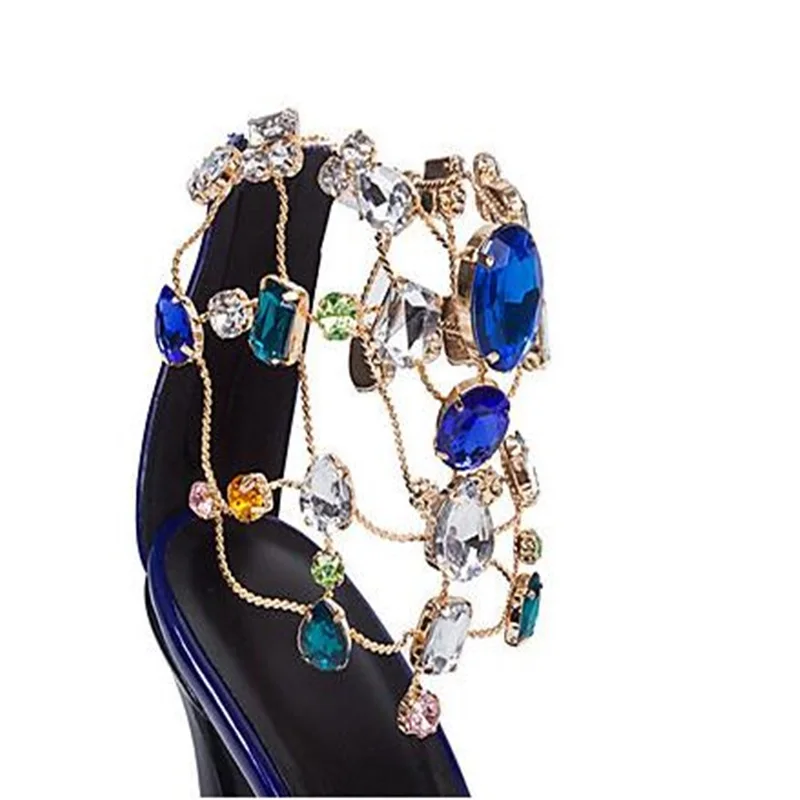 Женские босоножки с украшением в виде кристаллов и бусин фиолетовое ожерелье обувь со стразами разноцветные сандалии с ремешками на лодыжке с бриллиантами Большие размеры 34-47
