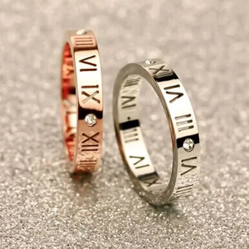 

Trendy Stainless Steel Rings for Women Cubic Zirconia Ring Roman Numerals Letter Words Female Wedding Bands