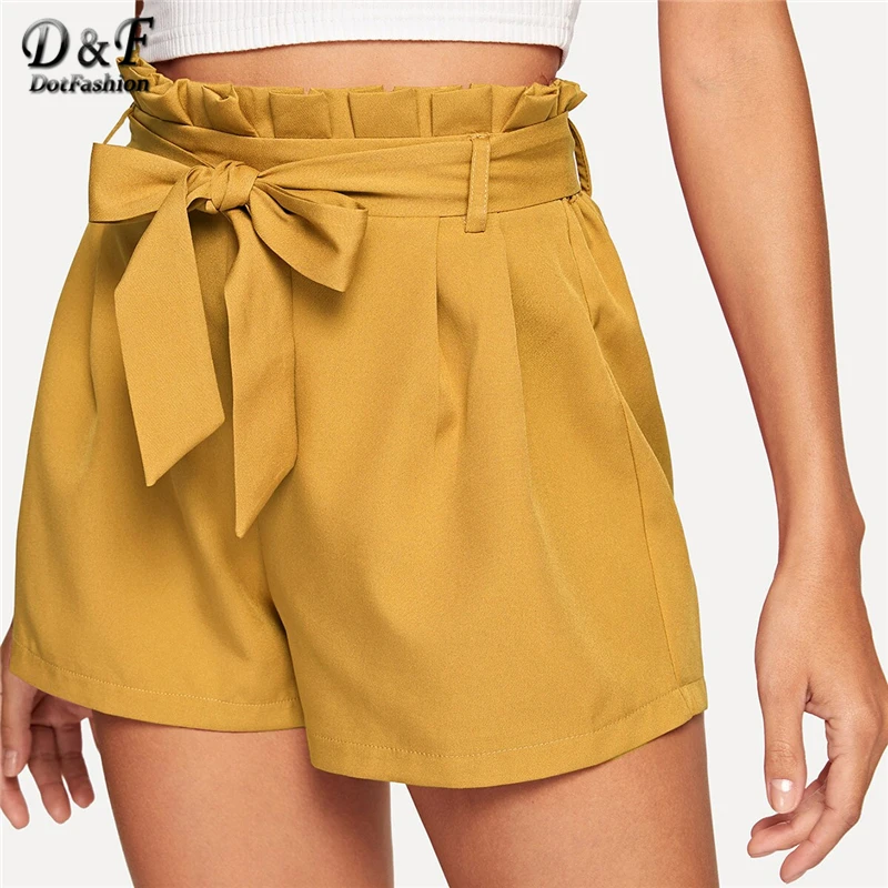 Dotfashion, однотонные шорты с завязками на талии, женские шорты, летние повседневные шорты, женские модные широкие шорты с высокой талией