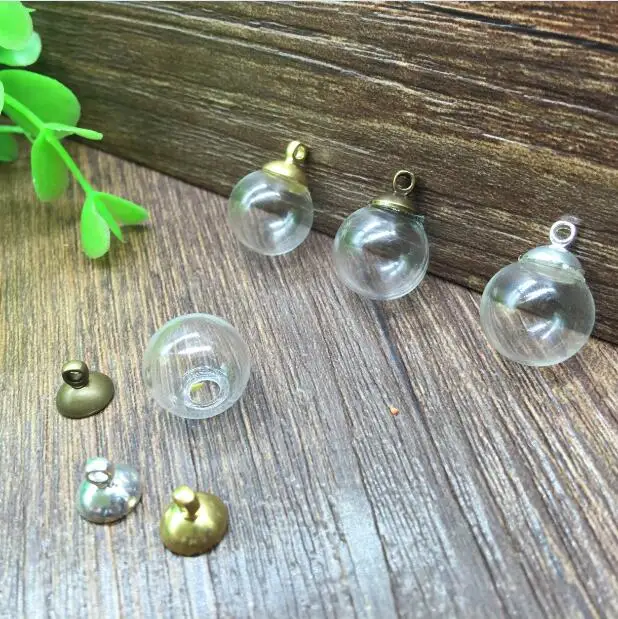 

100sets/lot 14*4mm ball glass globe with 8mm beads cap jewelry findings charms DIY glass bottle vial pendant necklace pendant