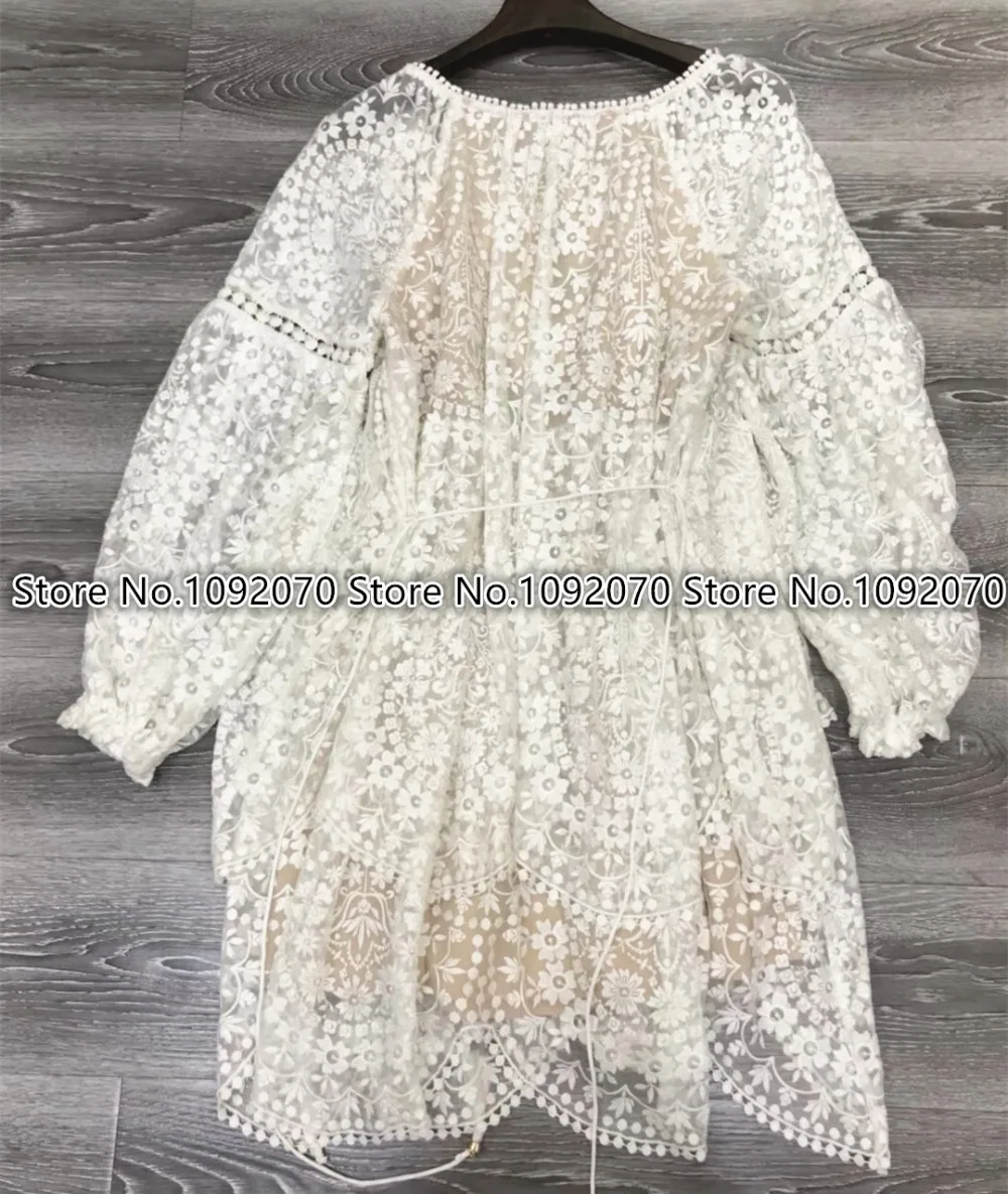 Women White Floral Embroidery Silk Gossamer Scallop Short Dress Flowers Embroidered Round Neck Tied Tassels Ball Mini | Женская одежда