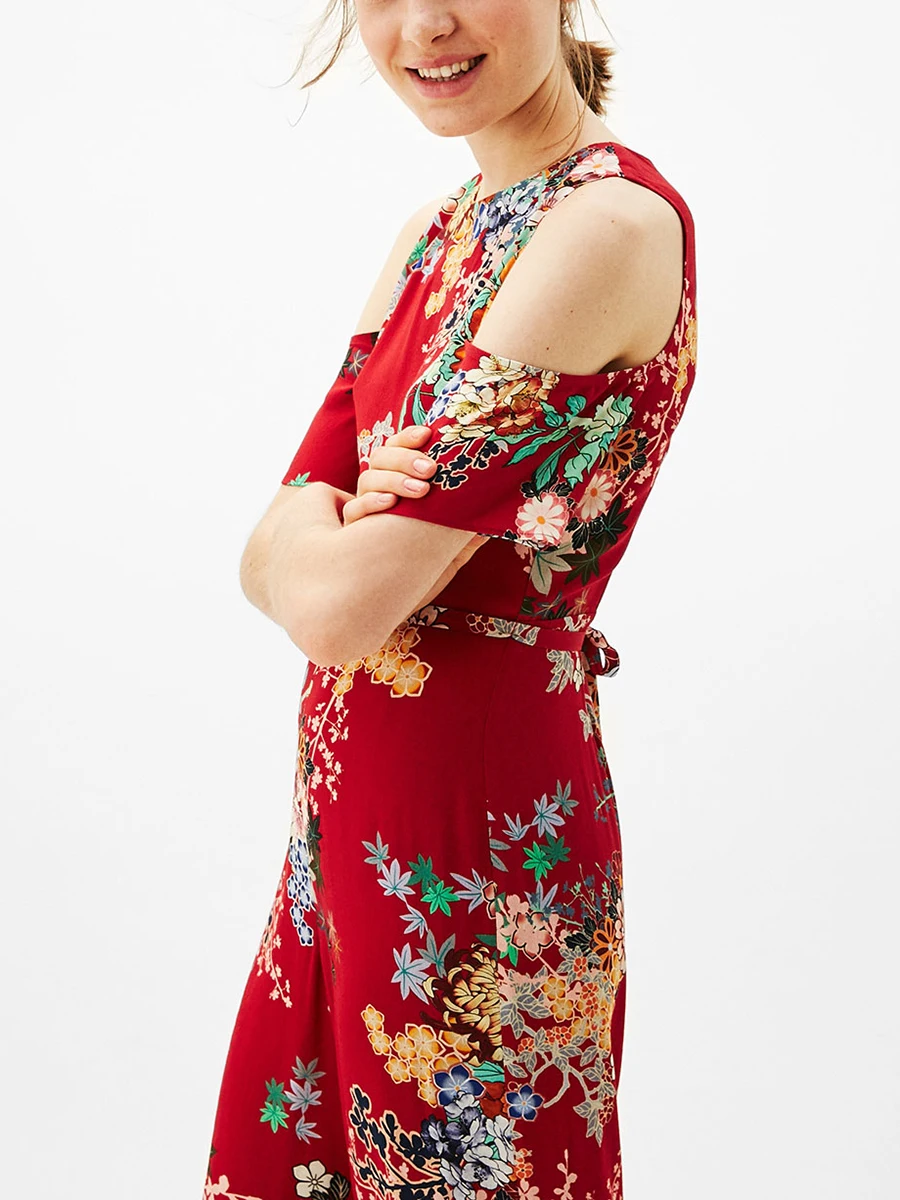 2017 весна лето Женщин вне плечо цветочные печати лук талия рукавов длинный