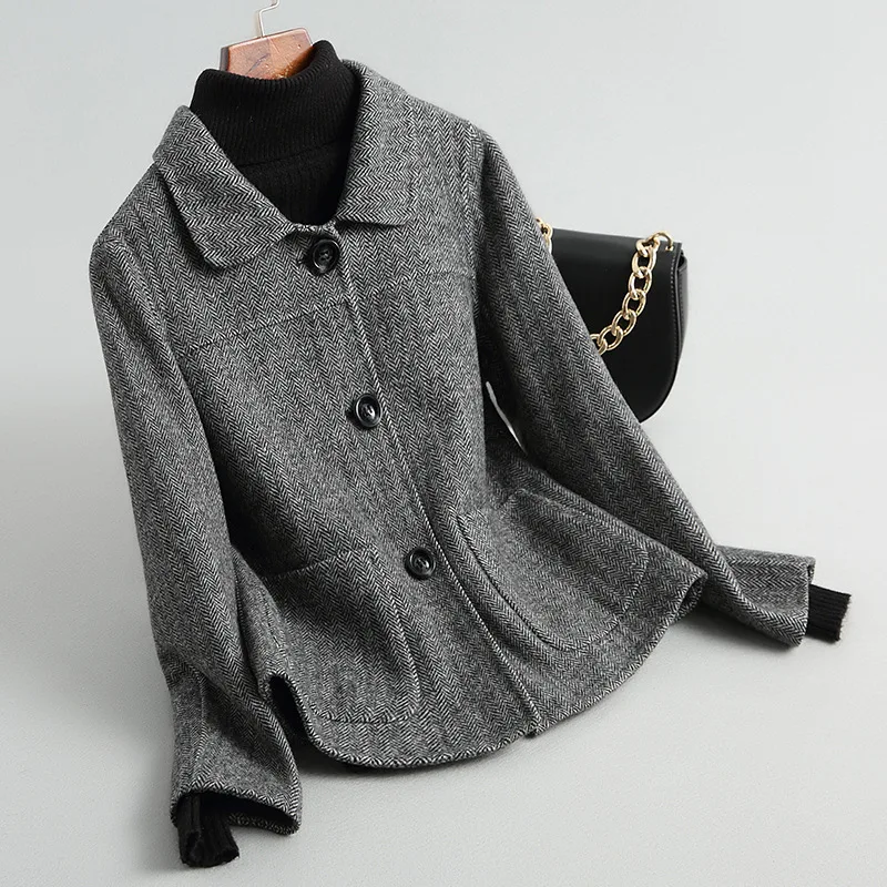 Grey AYUNSUE, Женское пальто, новинка, шерстяное пальто, женское, весна, осень, короткое, Корейская куртка, элегантное, Женское пальто, Abrigo Mujer F71b KJ2395 - Цвет: Grey
