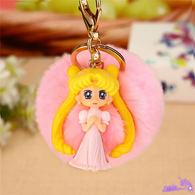 

New Fluffy Fur Pompom Anime Angel Girls Keychain Women Pompon Ball Key Ring Chain On Bag Car Trinket Jewelry Wedding Party Gift