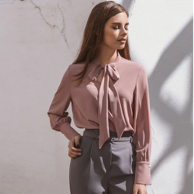 Розовая элегантная шифоновая блузка с бантом для женщин 2018 осень зима длинный
