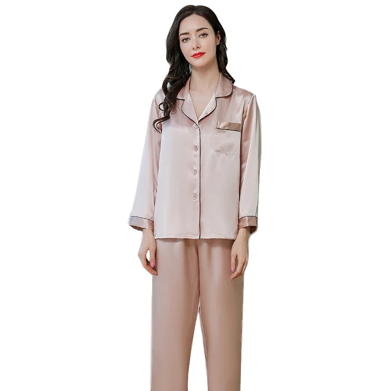 Real Silk Pajama Sets Female Summer Long-Sleeve Two-Piece 100% SILK Sleepwear Woman Soft Cool Nightwear Homewear T77166