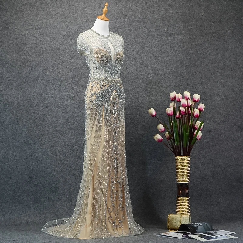 JANCEMBER vestido largo brillante fiesta прозрачные рукава-крылышки с бусинами и кристаллами