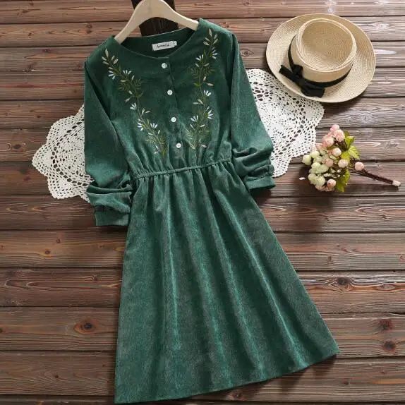 Mori Girl Spring Women Corduroy Dress Stand Collar Green Floral Embroidery Mujer Vestido Elegant Classical Vintage DV423 | Женская