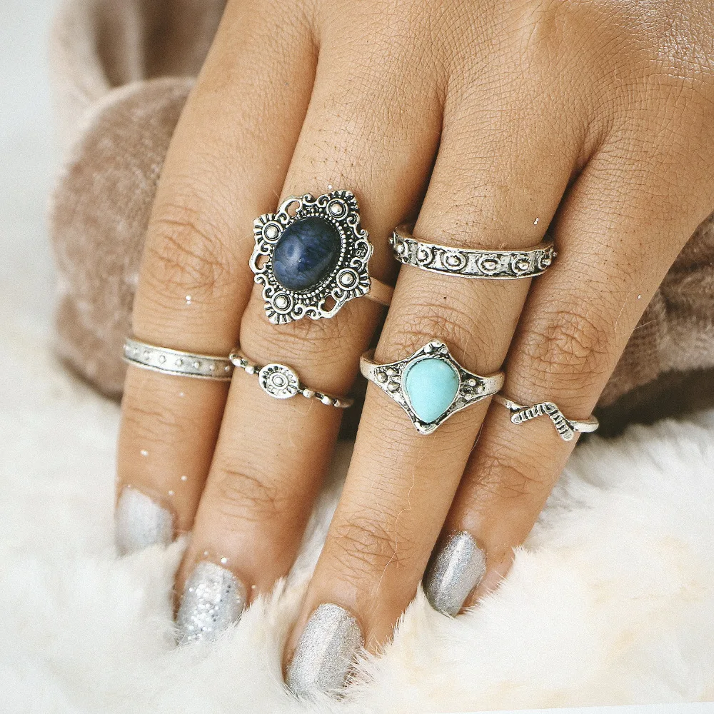 6 шт./компл. антикварный серебряный цвет синий камень набор колец на сустав пальца