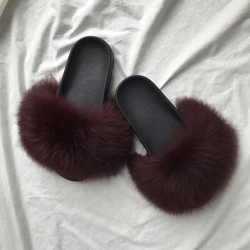 Шлепанцы из лисьего меха пушистые меховые шлепанцы меховая летняя обувь для