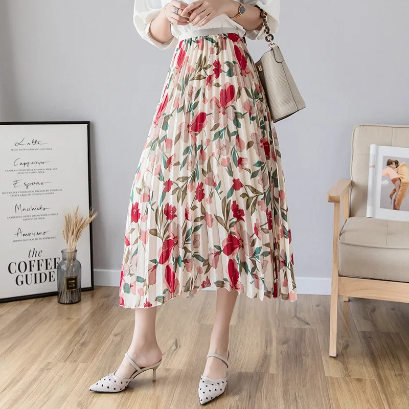 

Summer Floral Print Women Long Pleated Skirts 2019 New Casual Elastic High Waist Skirt Faldas Lady Chiffon Beach Holidays Skirts